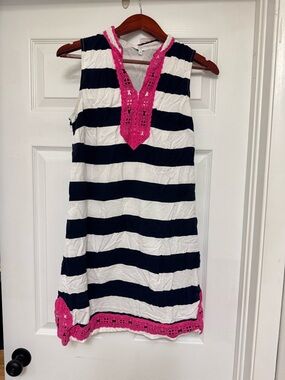 crown & ivy Navy and White Striped Mini Dress with Pink Crochet Trim